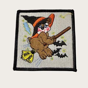 Vintage Halloween Witch Bear Iron-On Embroidered Patch 3x3 Inch Square Design